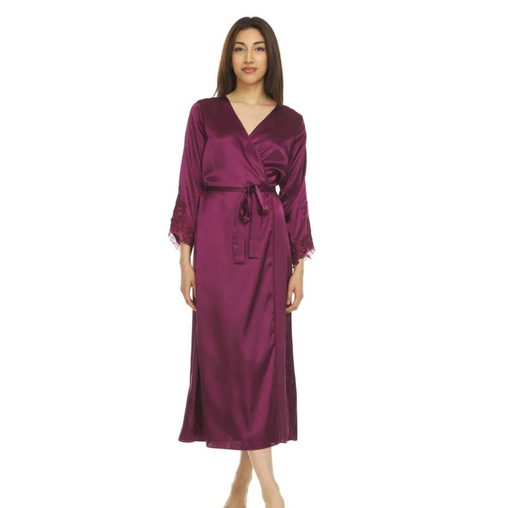Flora by Flora Nikrooz Womens Bordeaux‎ Satin Long Robe Lace Trim Purple S/M NEW
